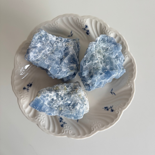 Blue Calcite Raw with Peridot