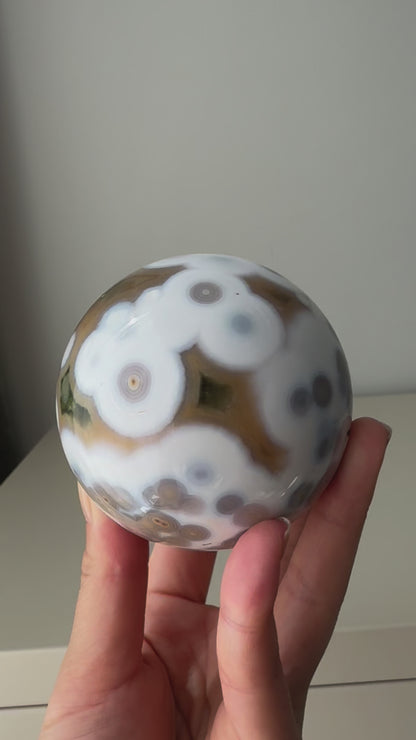 Large Old Stock Orbicular Ocean Jasper Sphere 70mm