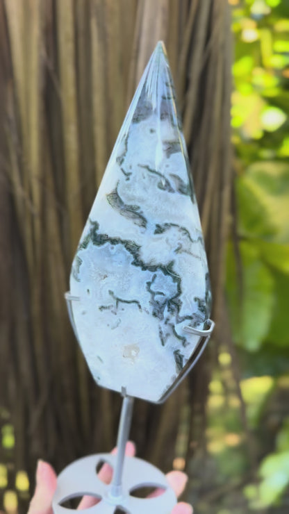 High Grade Moss Agate Flame on Stand