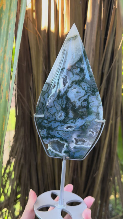 High Grade Moss Agate Flame on Stand