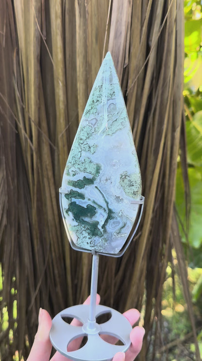 High Grade Moss Agate Flame on Stand